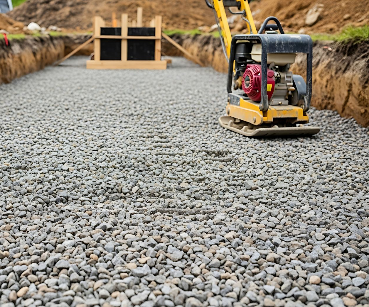 Un lit de gravier est compacté par une plaque vibrante sur un chantier de construction.