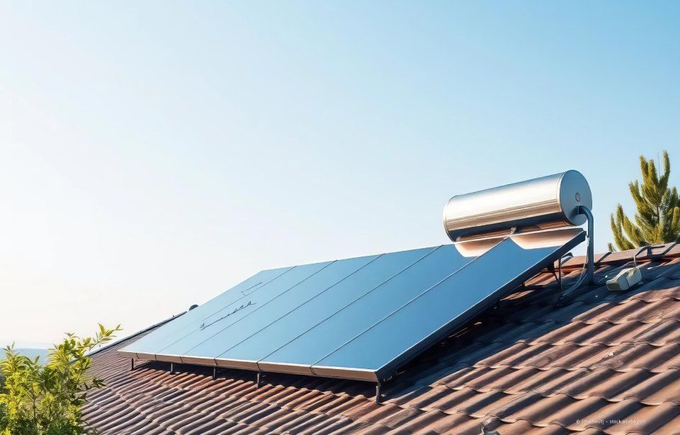 Solarmodule und Windturbinen auf einem Feld unter blauem Himmel stehen für erneuerbare Energie.