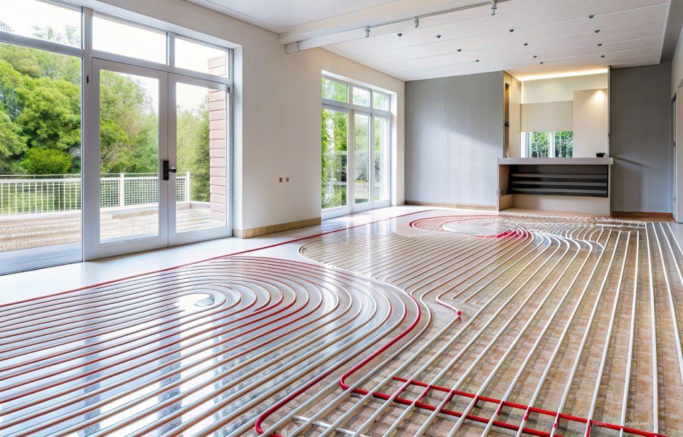 Ein Arbeiter installiert eine Fußbodenheizung: weiße Rohre, die auf einem Gitter über einer reflektierenden Oberfläche verlegt sind.