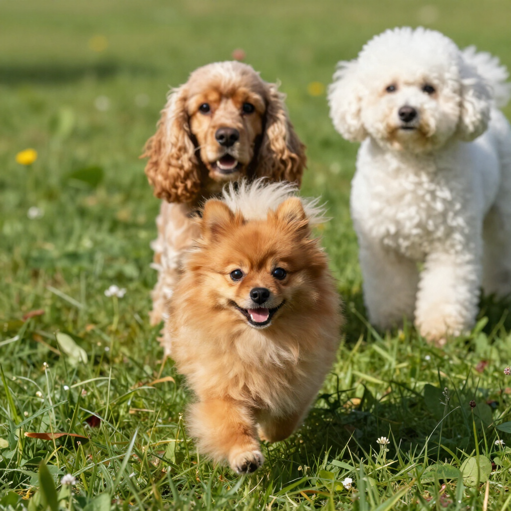 Un spitz nain avec un cocker et un caniche nain.