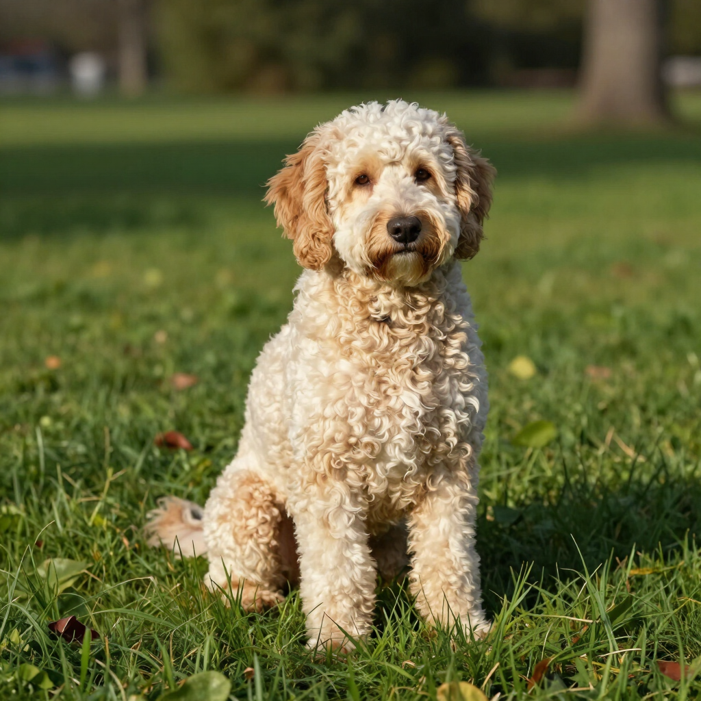 Un chien poo-ton dans l'herbe.
