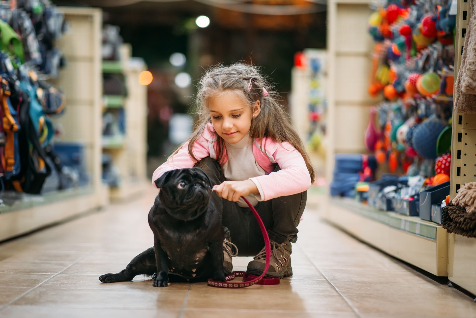 Une jeune fille caresse un chien noir dans l'allée d'un magasin, avec des jouets colorés pour animaux en arrière-plan.