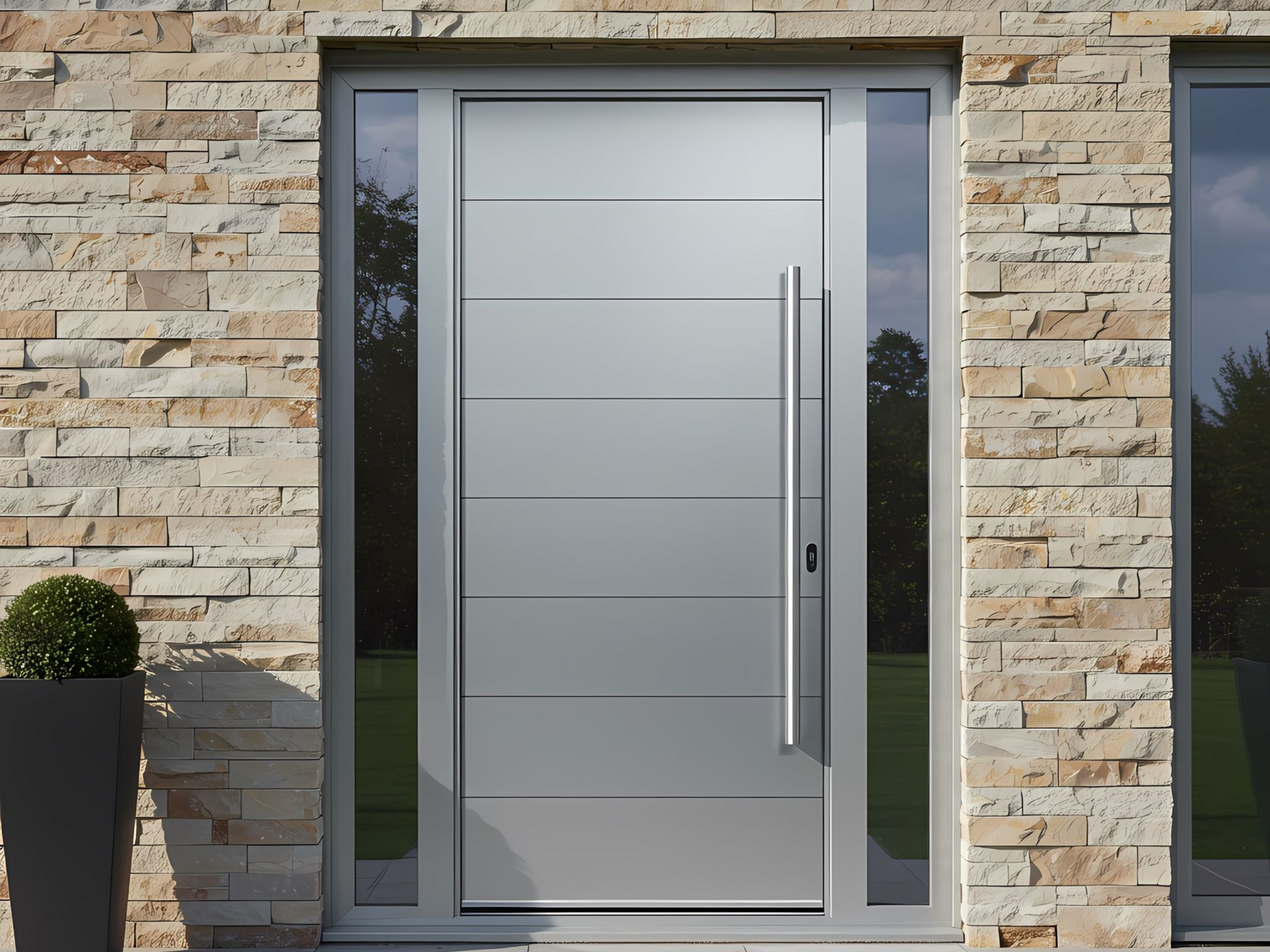 Porte d'entrée en aluminium grise avec poignée verticale
