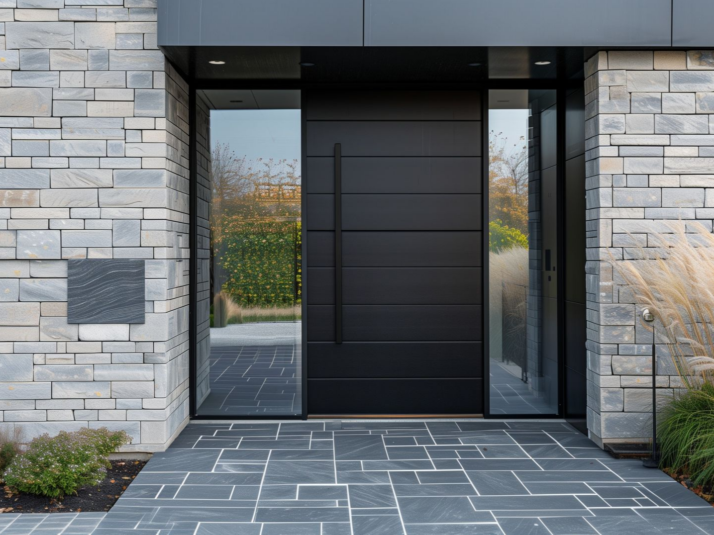 Porte d'entrée pleine en aluminium installée sur une maison moderne