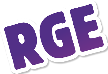 Logo RGE stylisé violet sur fond blanc avec contour blanc et ombre portée