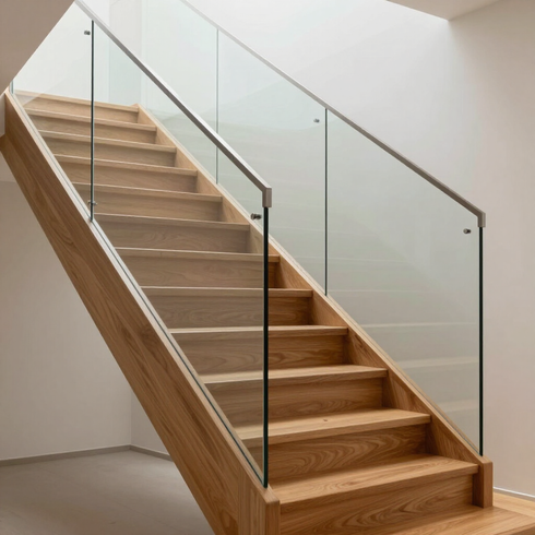 Escalera moderna de madera con barandilla de cristal en un interior luminoso.