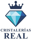Logo de Cristaler&iacute;as Real con diamante azul y corona negra sobre fondo blanco