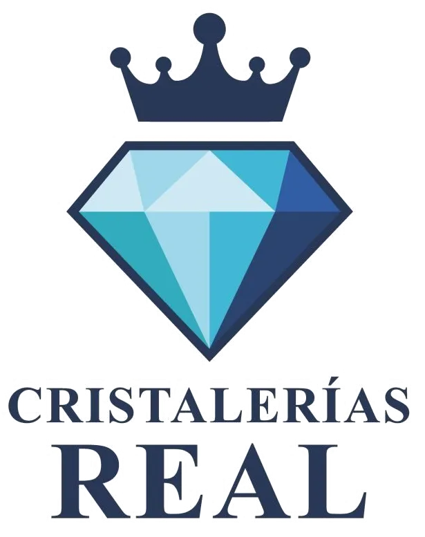 Logo de Cristalerías Real con diamante azul y corona negra sobre fondo blanco