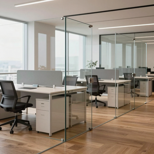 Oficina moderna de planta abierta con mamparas de cristal, escritorios y sillas giratorias negras sobre suelo de madera.