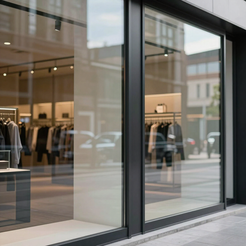 Moderna tienda de ropa con grandes ventanales y maniquíes en el interior, vista desde la acera.