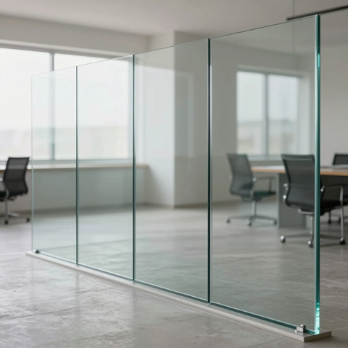 Oficina moderna con una mampara de cristal transparente y escritorios al fondo.