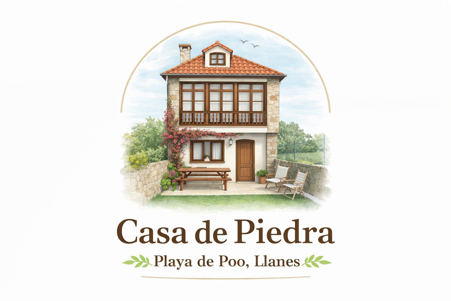 Casa de piedra, "Casa de Piedra", enclavada entre la vegetaci&oacute;n, con el texto "Playa en P&oacute;o, Llanes" debajo.