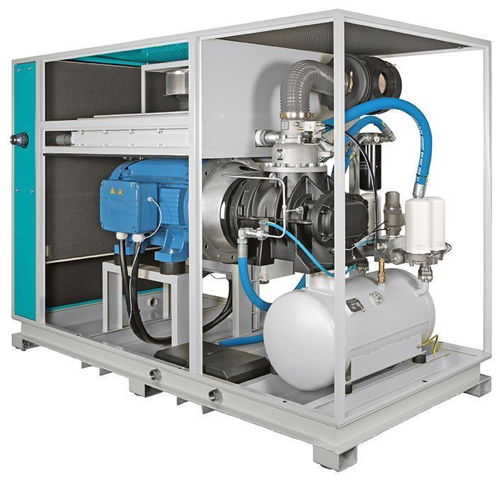 Industriekompressoranlage in einem Metallrahmen, mit blauen Schläuchen und weißen Tanks auf einer Palette.