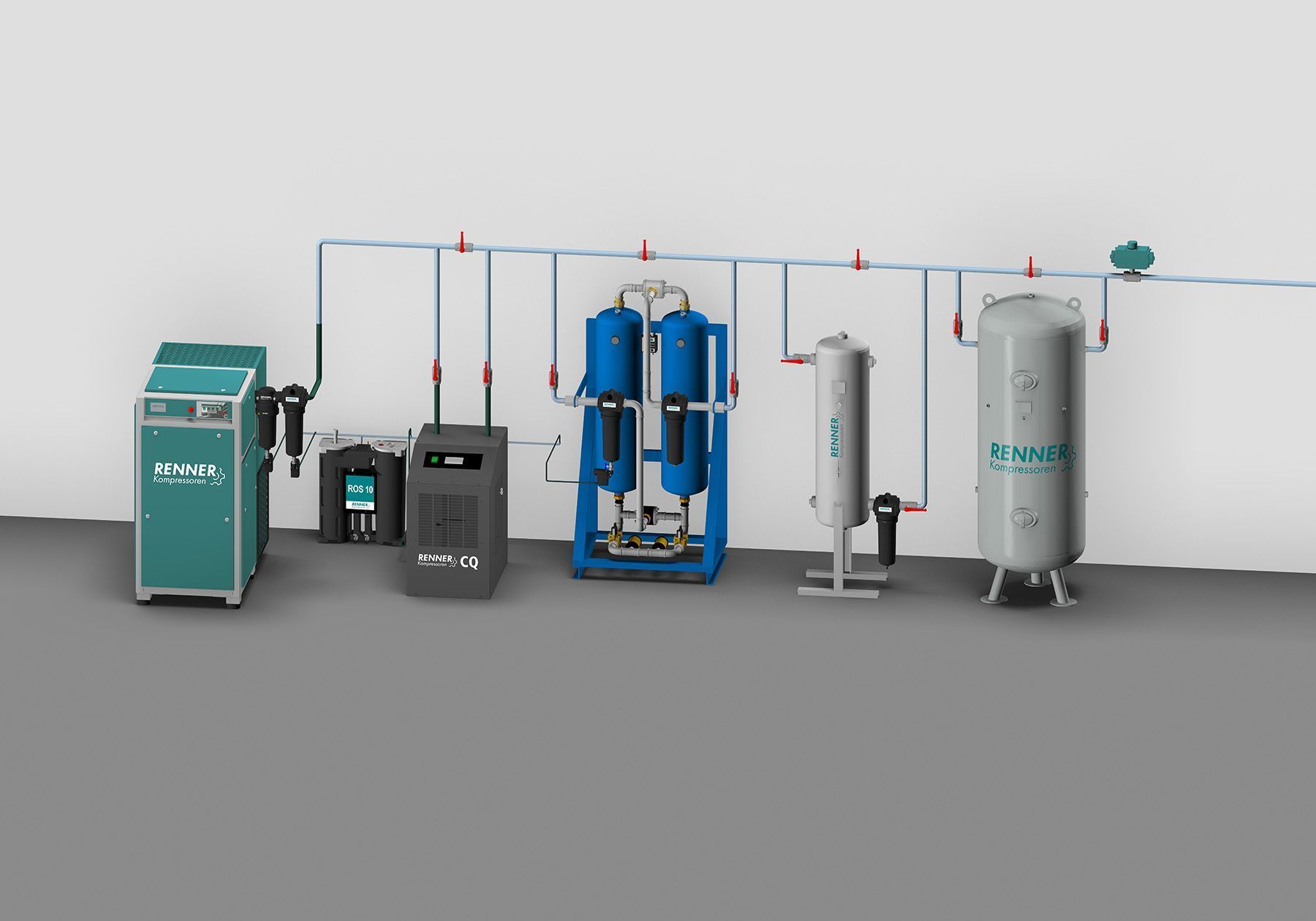 Industrielle Luftkompressor- und Filteranlage mit Tanks, Rohren und Steuereinheiten auf weißem Hintergrund