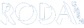 Stilisierter wei&szlig;er Umrisstext mit der Aufschrift &bdquo;RODA&ldquo; auf hellem Hintergrund.