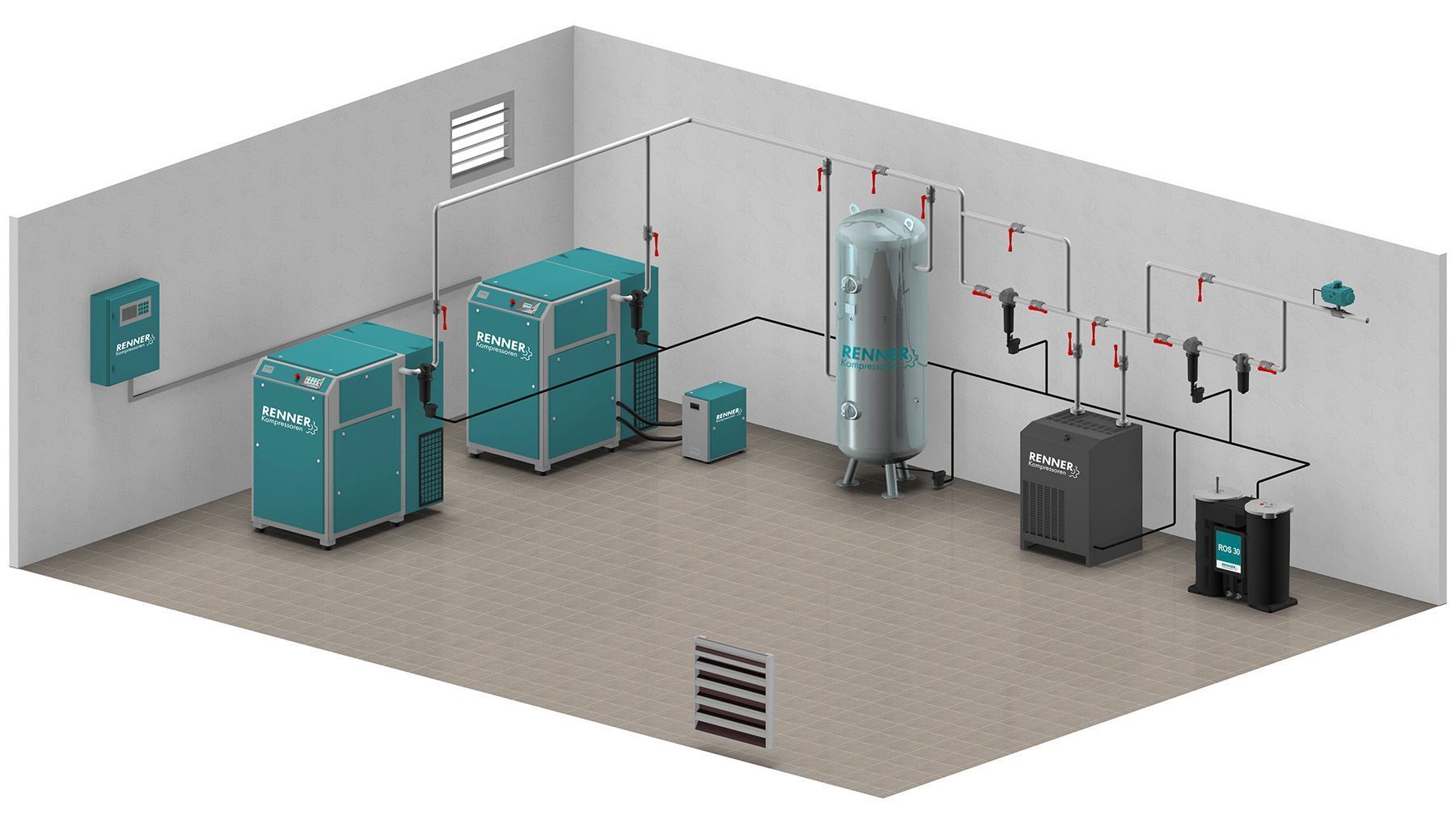 Anordnung von Industrieanlagen mit türkisfarbenen Tanks, Rohren und einem Metallsilo in einem grauen Technikraum