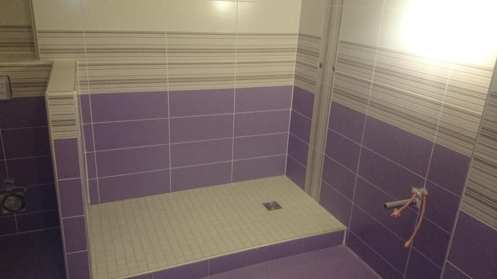 Création d'une douche à l'italienne mauve et blanche par l'entreprise