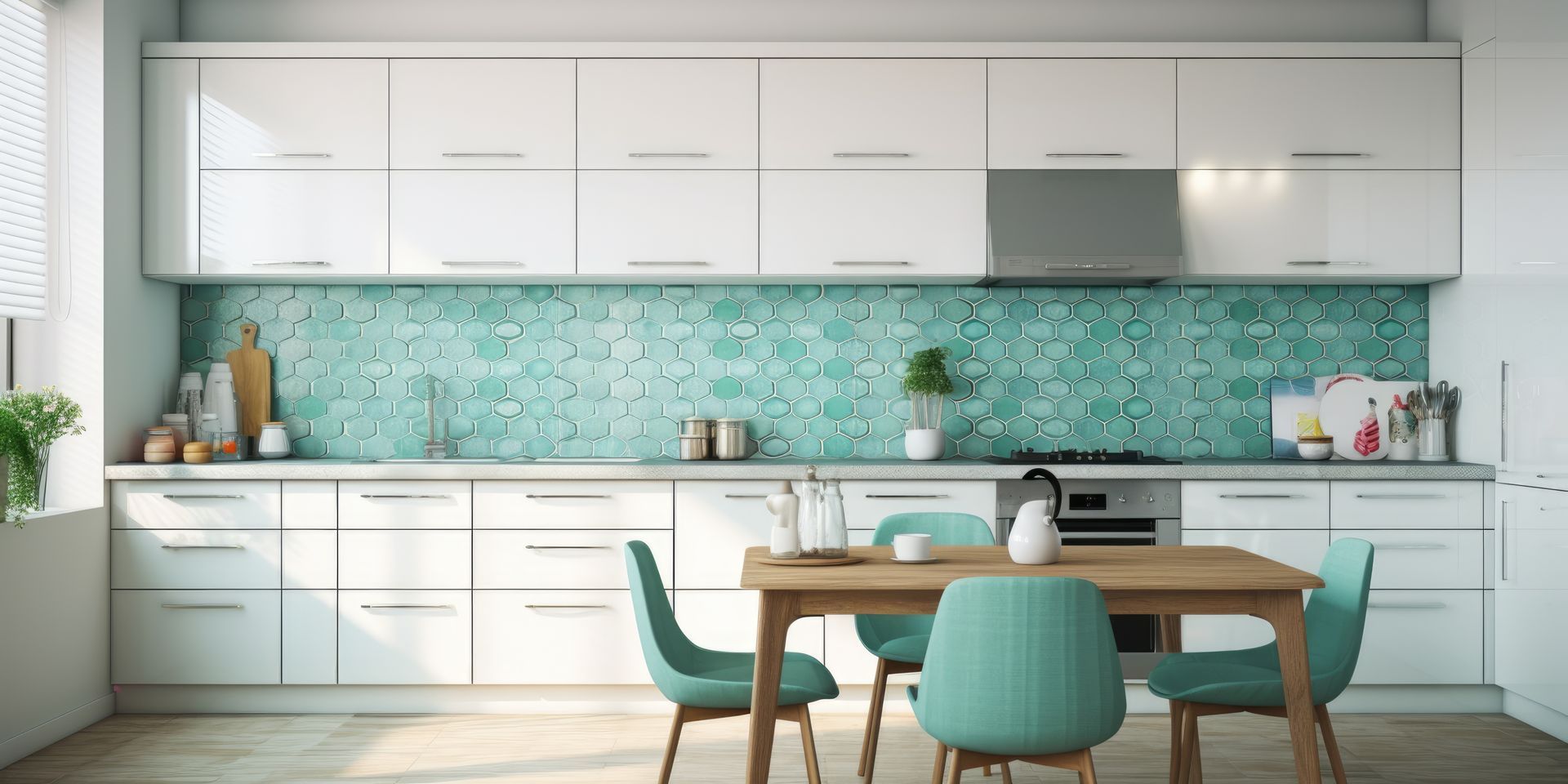 Photo d'une cuisine lumineuse avec une mosaïque bleu turquoise