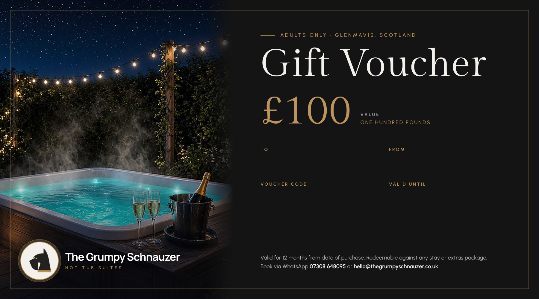 The Grumpy Schnauzer Hot Tub Suites gift voucher, shown beside a steaming outdoor hot tub under festoon lights at night