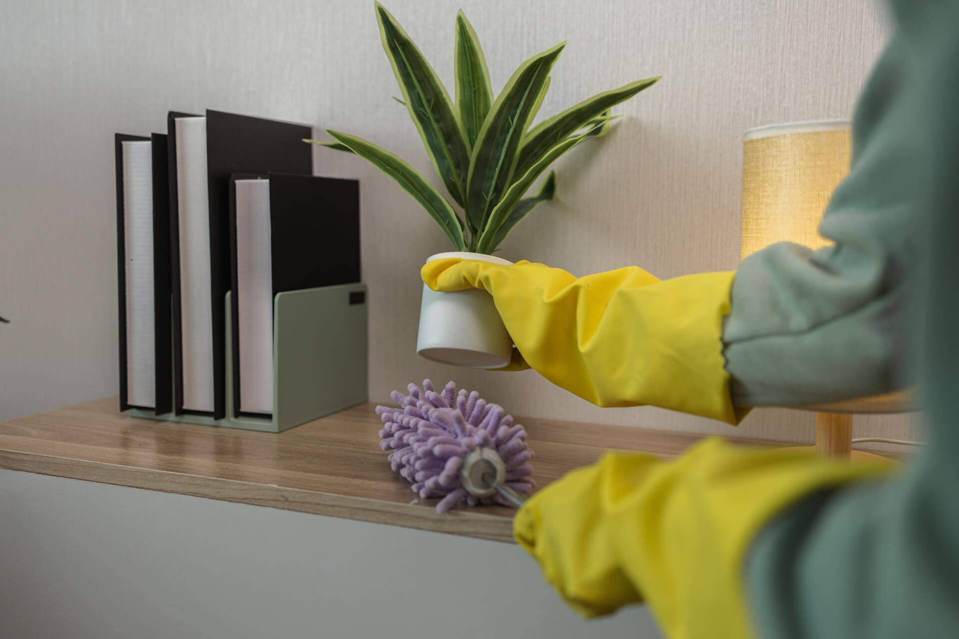 Persona que lleva guantes amarillos quitando el polvo de un estante con libros, una planta y una lámpara.