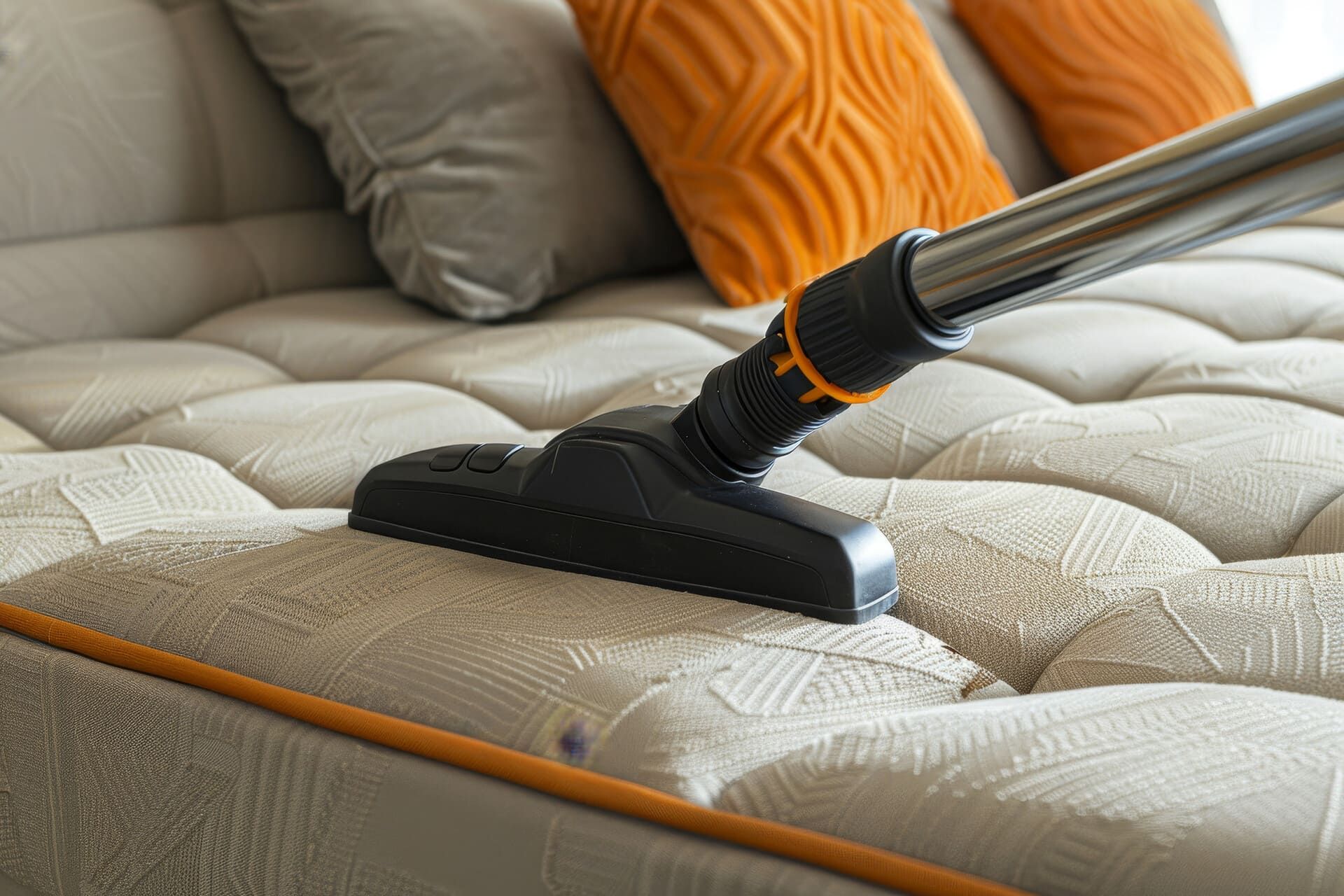 Aspirando un sofá tapizado en color beige con almohadones naranjas y grises de fondo.