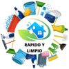 Los art&iacute;culos de limpieza rodean un logotipo con una casa y una hoja; el texto dice "R&aacute;pido y Limpio".
