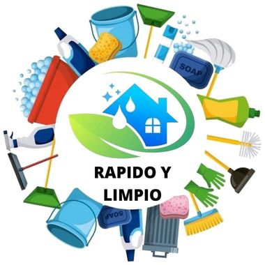 Los art&iacute;culos de limpieza rodean un logotipo con una casa y una hoja; el texto dice "R&aacute;pido y Limpio".