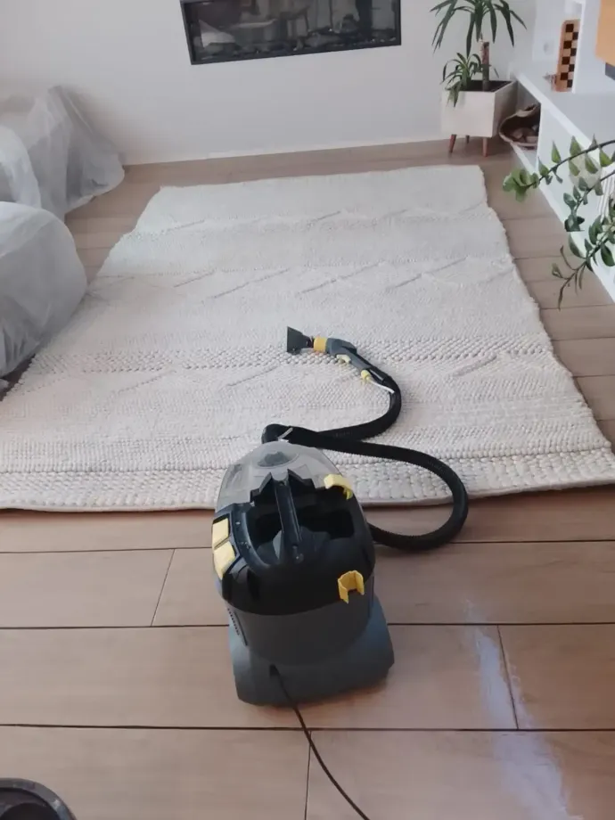 Limpiador de alfombras sobre una alfombra clara, con vapor visible. Al fondo, suelo de madera, chimenea y plantas.