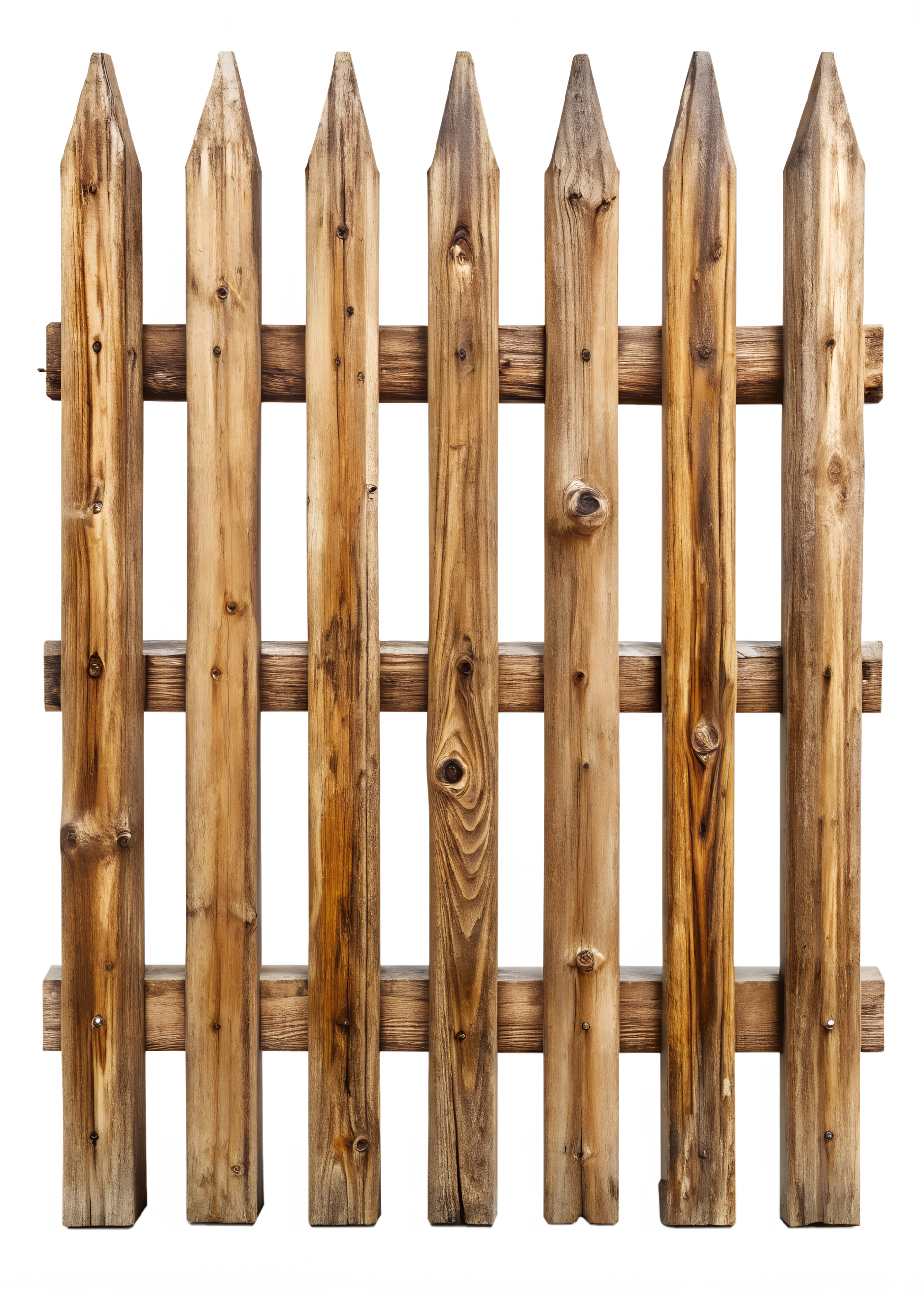 Clôture en bois composée de piquets pointus et de lattes horizontales.
