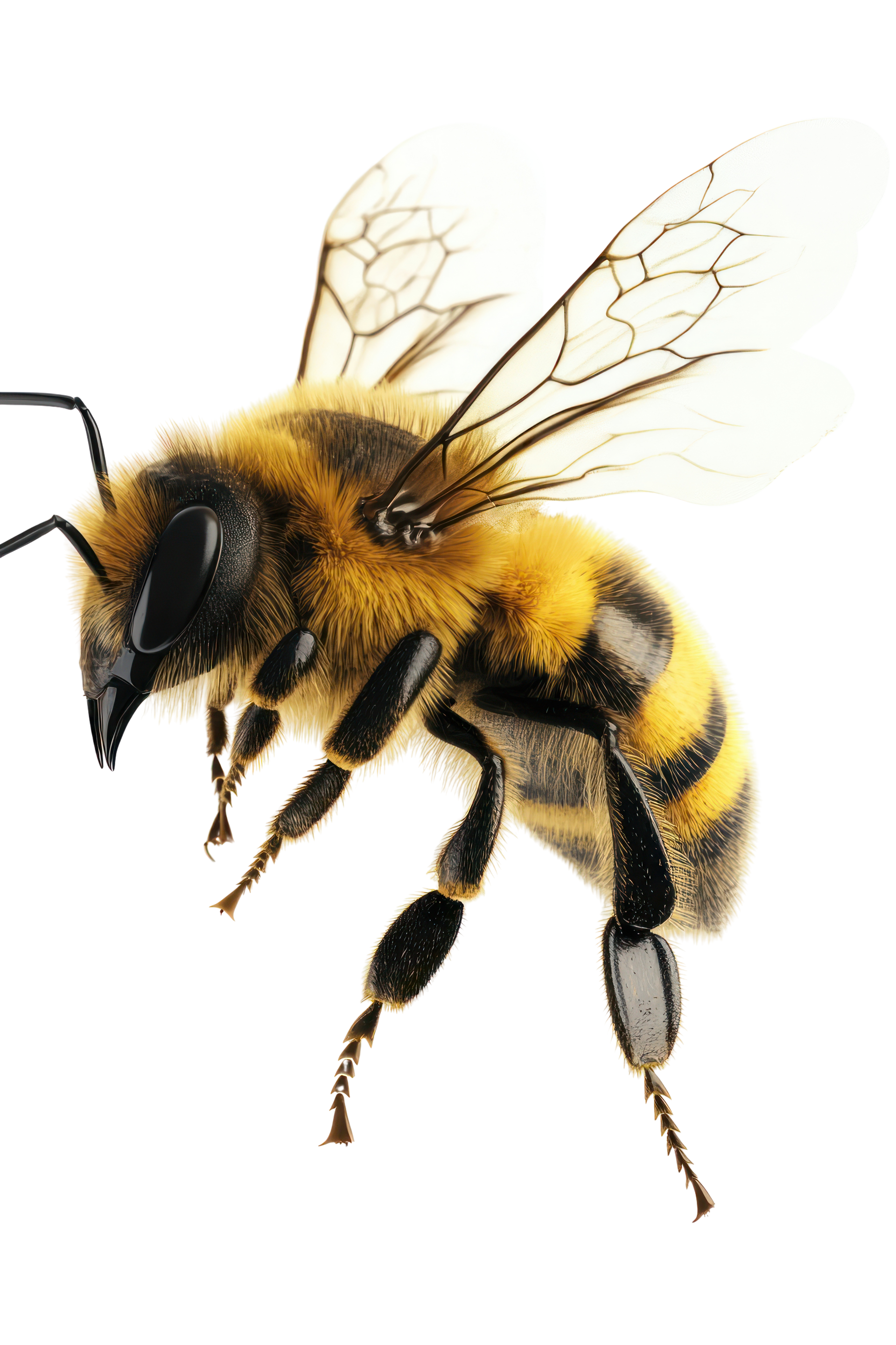 Abeille en vol, ailes translucides, corps rayé jaune et noir.
