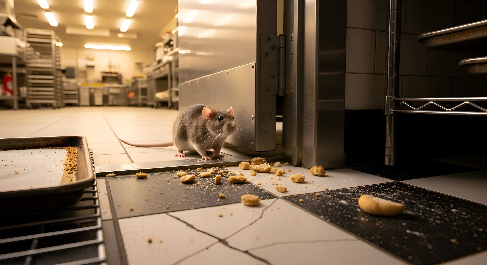 Une souris dans une cuisine industrielle lumineuse mange des miettes sur un sol carrelé près d'un plateau et d'une porte ouverte.
