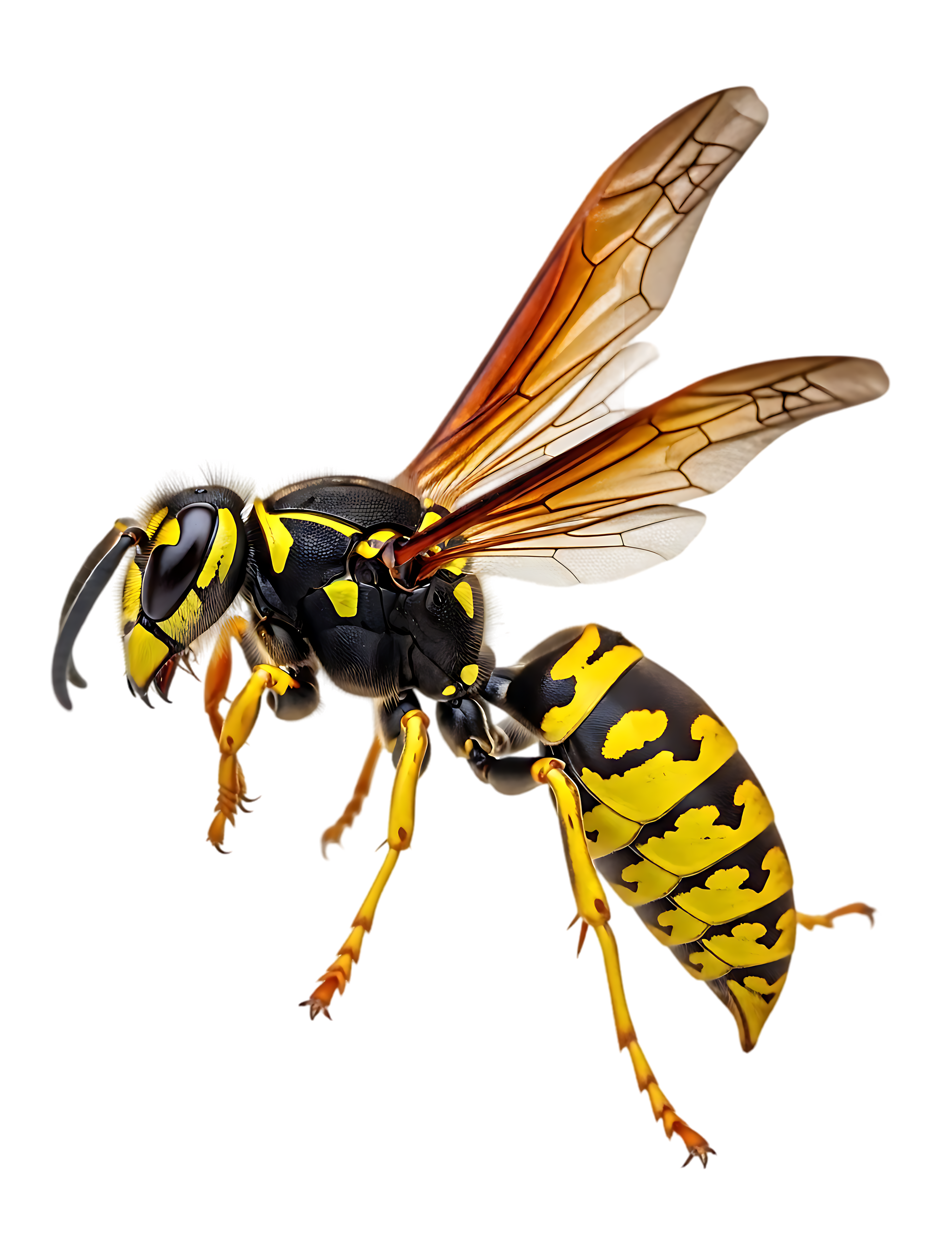 Guêpe jaune et noire de profil, ailes translucides relevées.