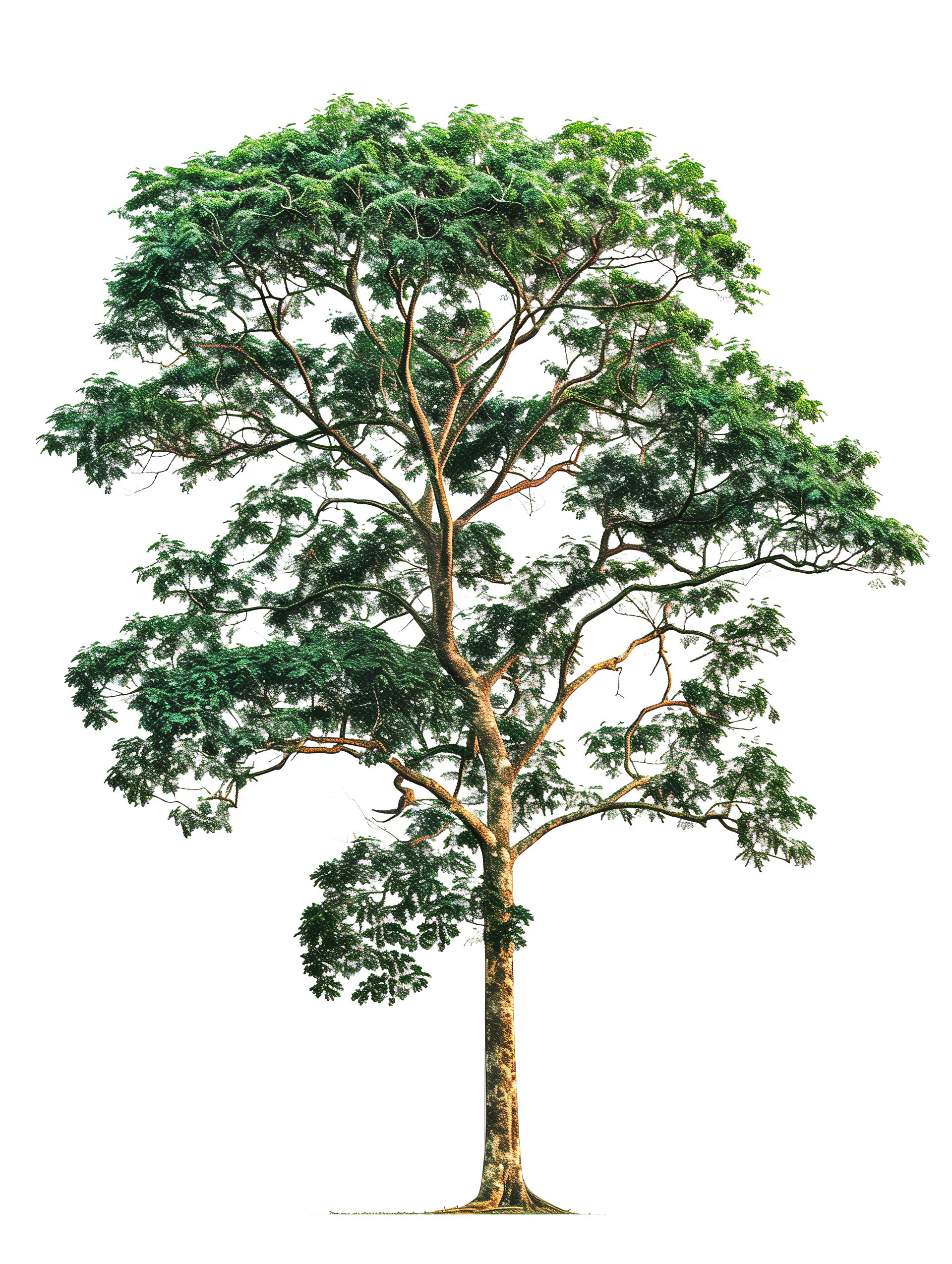 Grand arbre feuillu au tronc droit isolé sur fond blanc
