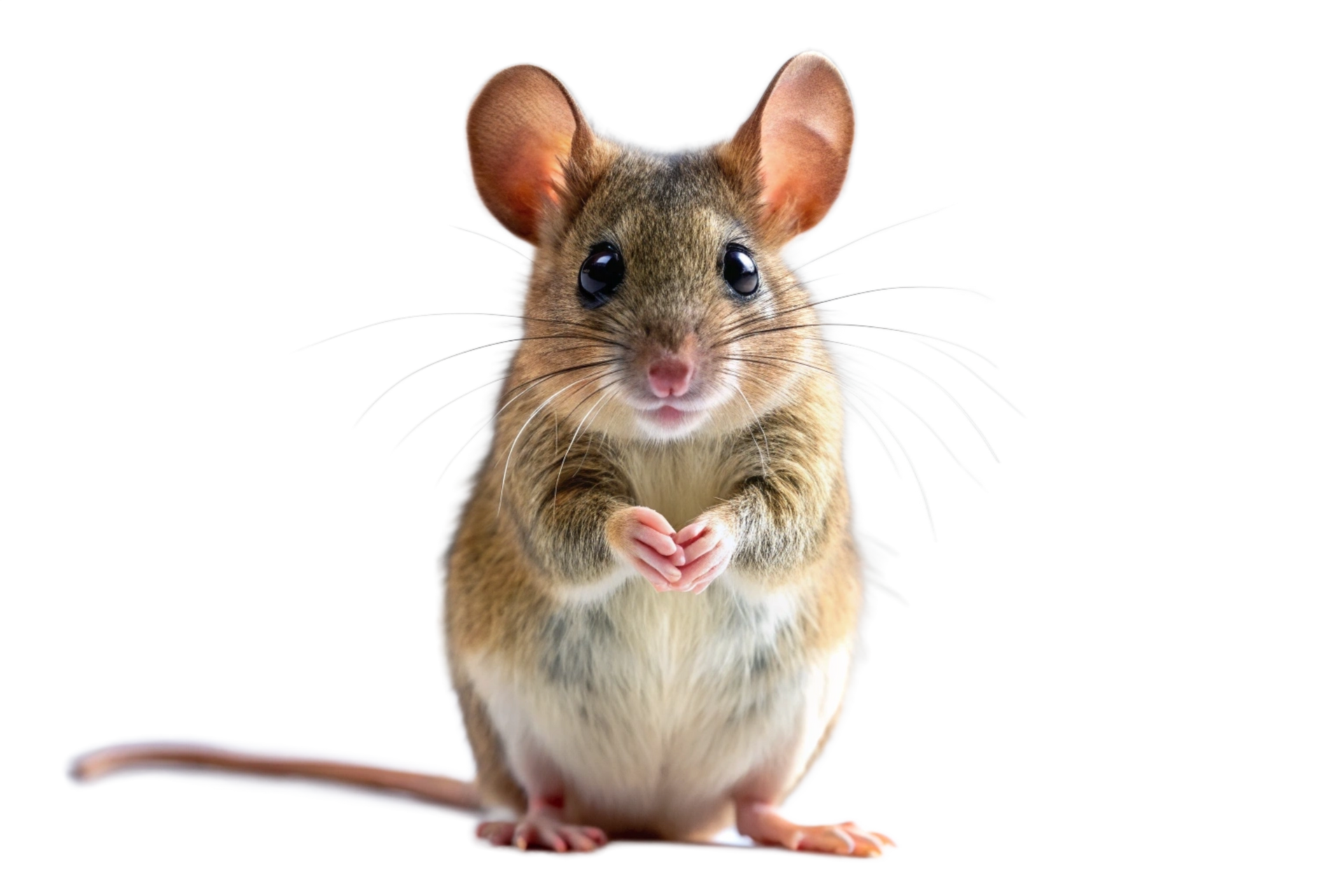 Petite souris brune aux oreilles et aux pattes roses.