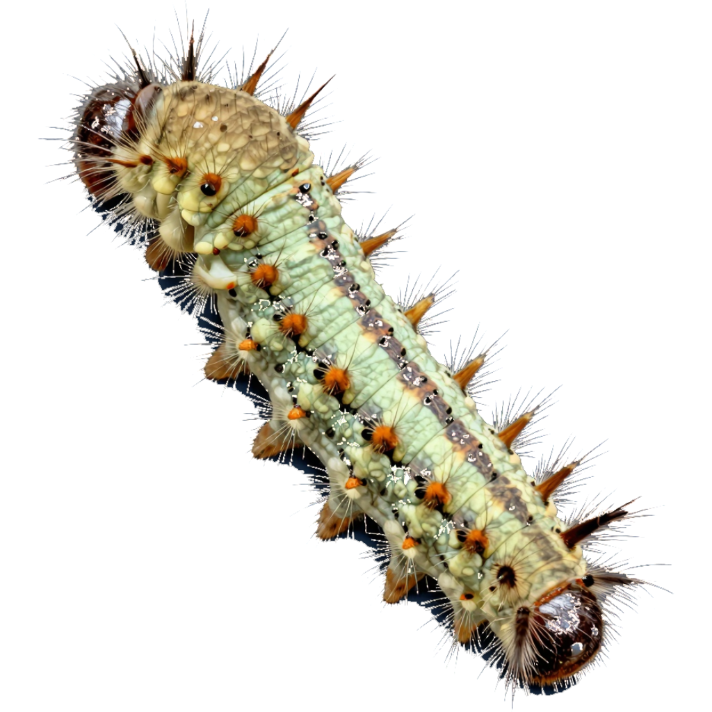 Chenille verte avec des marques orange et noires.