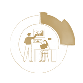 Dos personas analizando datos en una oficina, representadas dentro de un círculo con una flecha dorada.