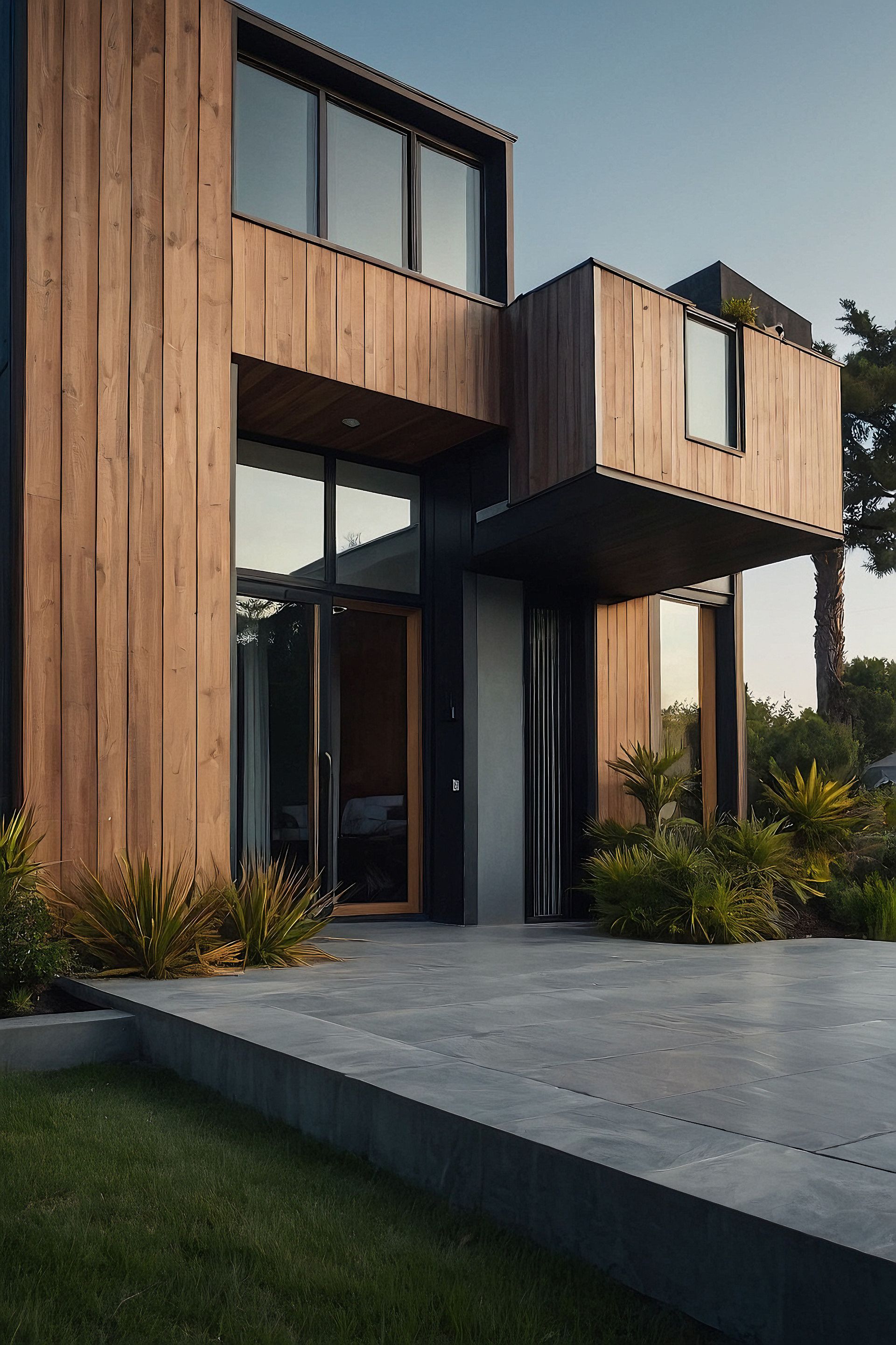 Extérieur d'une maison moderne revêtue de bois, avec de grandes fenêtres, une terrasse en béton et un aménagement paysager.