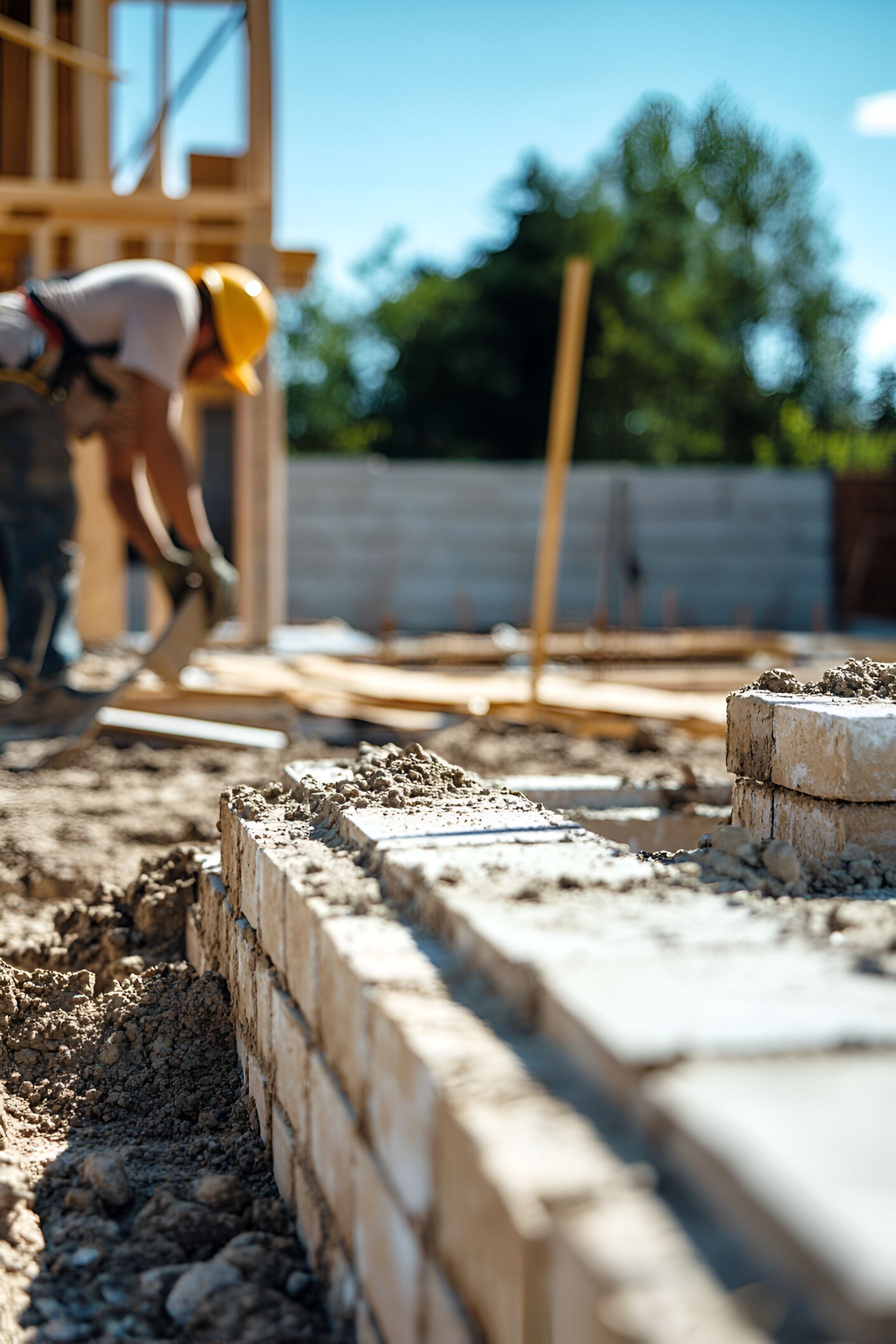 Un ouvrier du bâtiment pose des blocs de béton sur un chantier, avec du bois et des outils en arrière-plan.