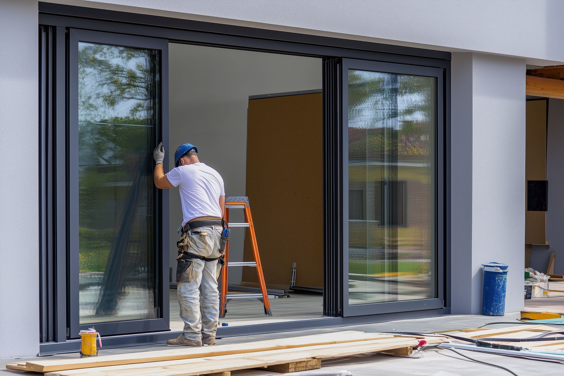 Ouvrier installant de grandes portes coulissantes en verre noir sur la façade d'une maison moderne