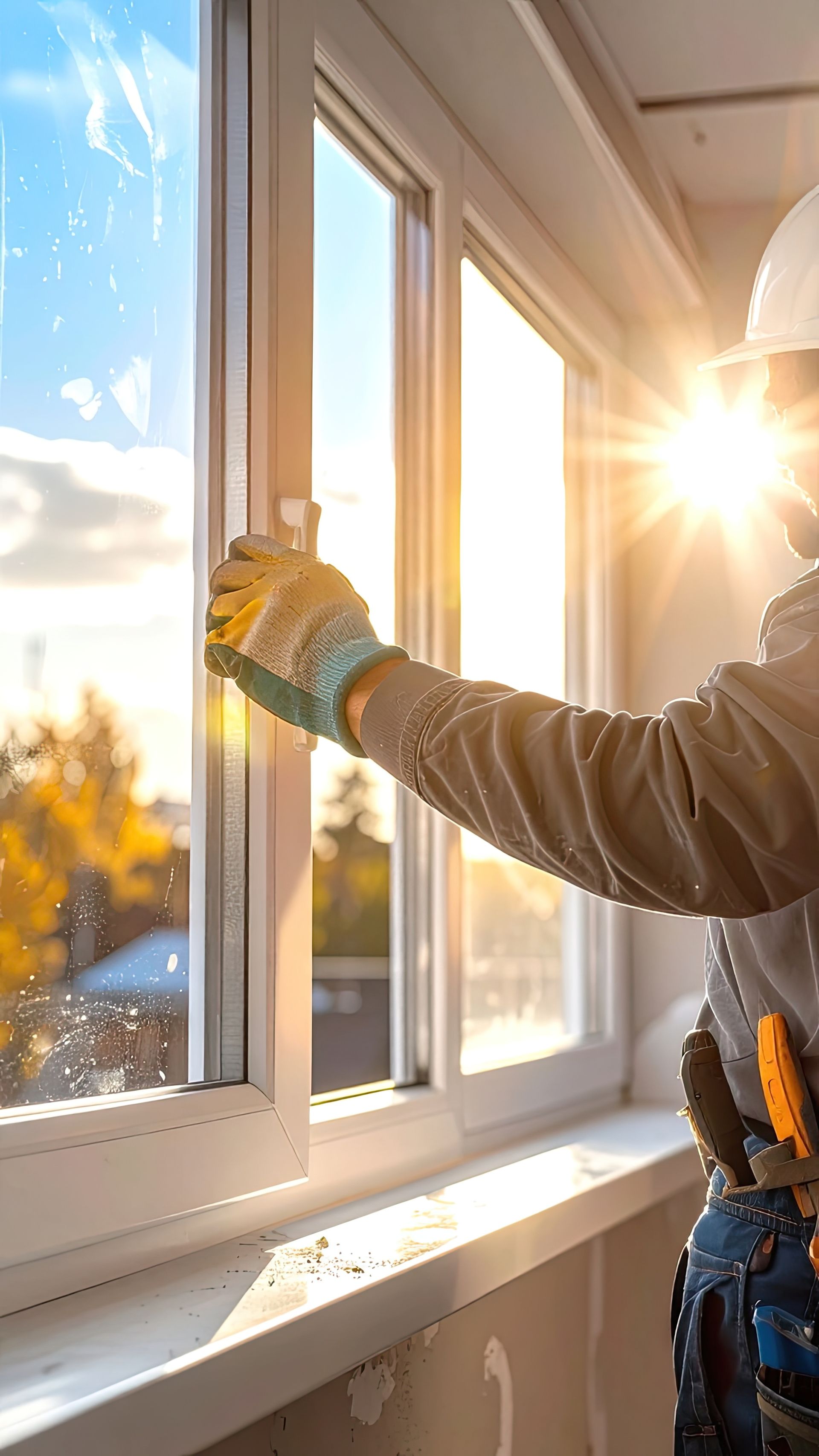 Un ouvrier installe un cadre de fenêtre blanc, la lumière du soleil filtre à travers la vitre.