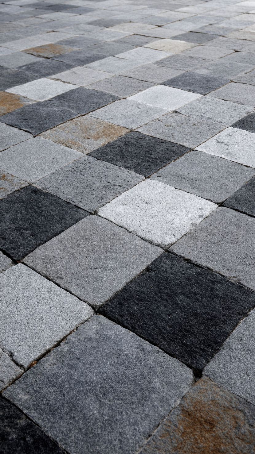 Pavés en damier gris et noir avec des taches beiges éparses