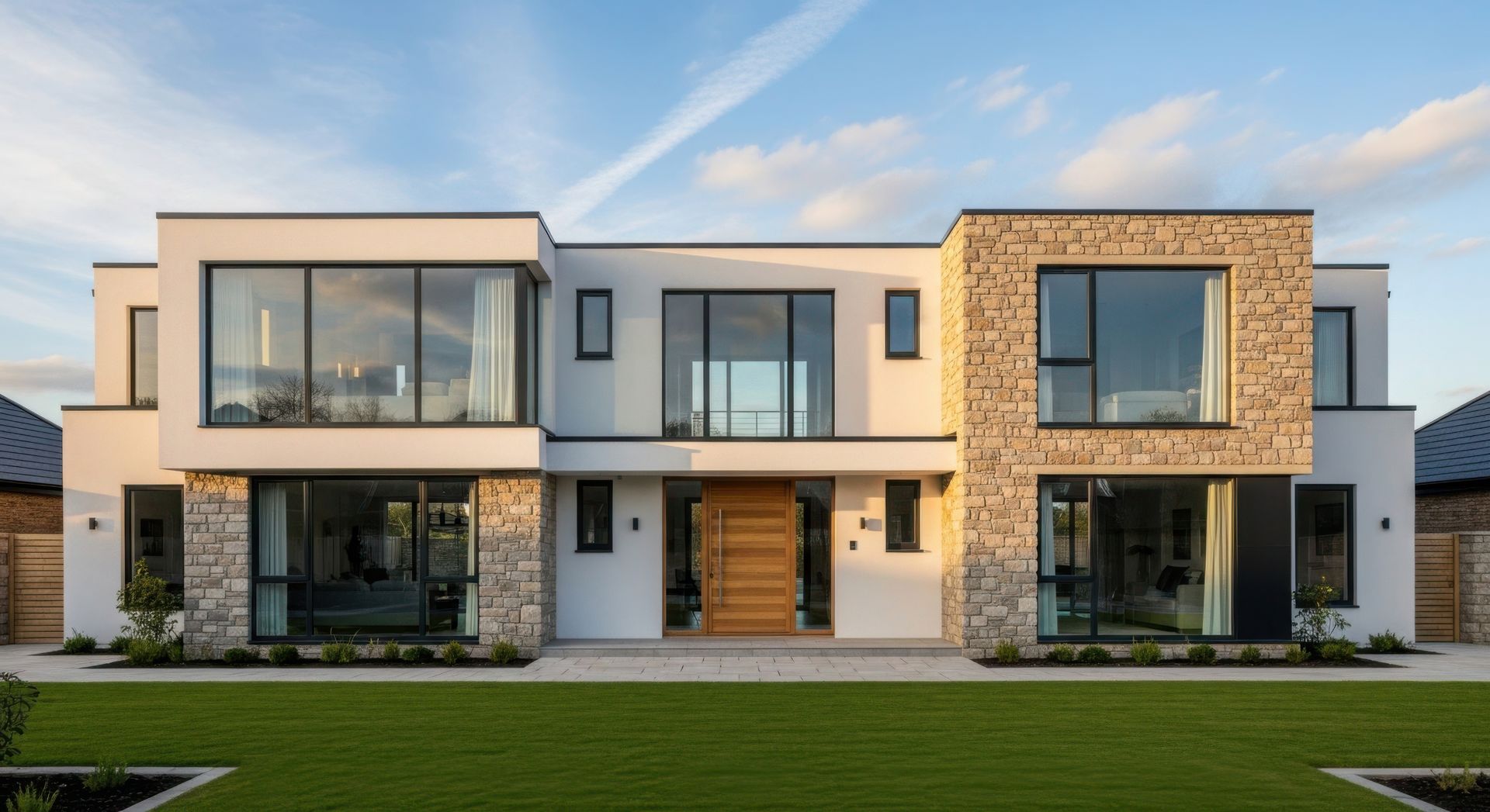 Maison moderne à deux étages avec de grandes baies vitrées, des éléments en pierre et une pelouse.