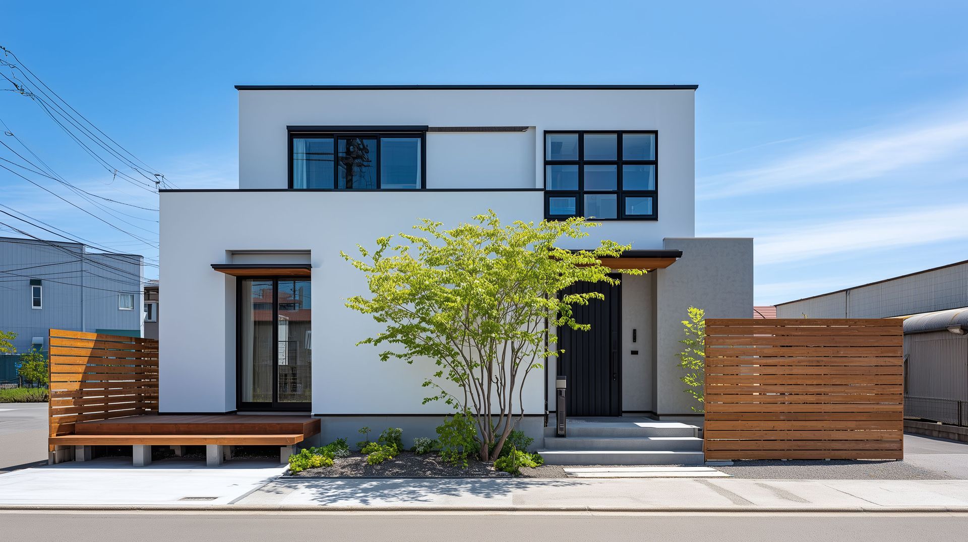 Maison blanche moderne de deux étages avec des éléments en bois, un portail d'entrée et un arbre.