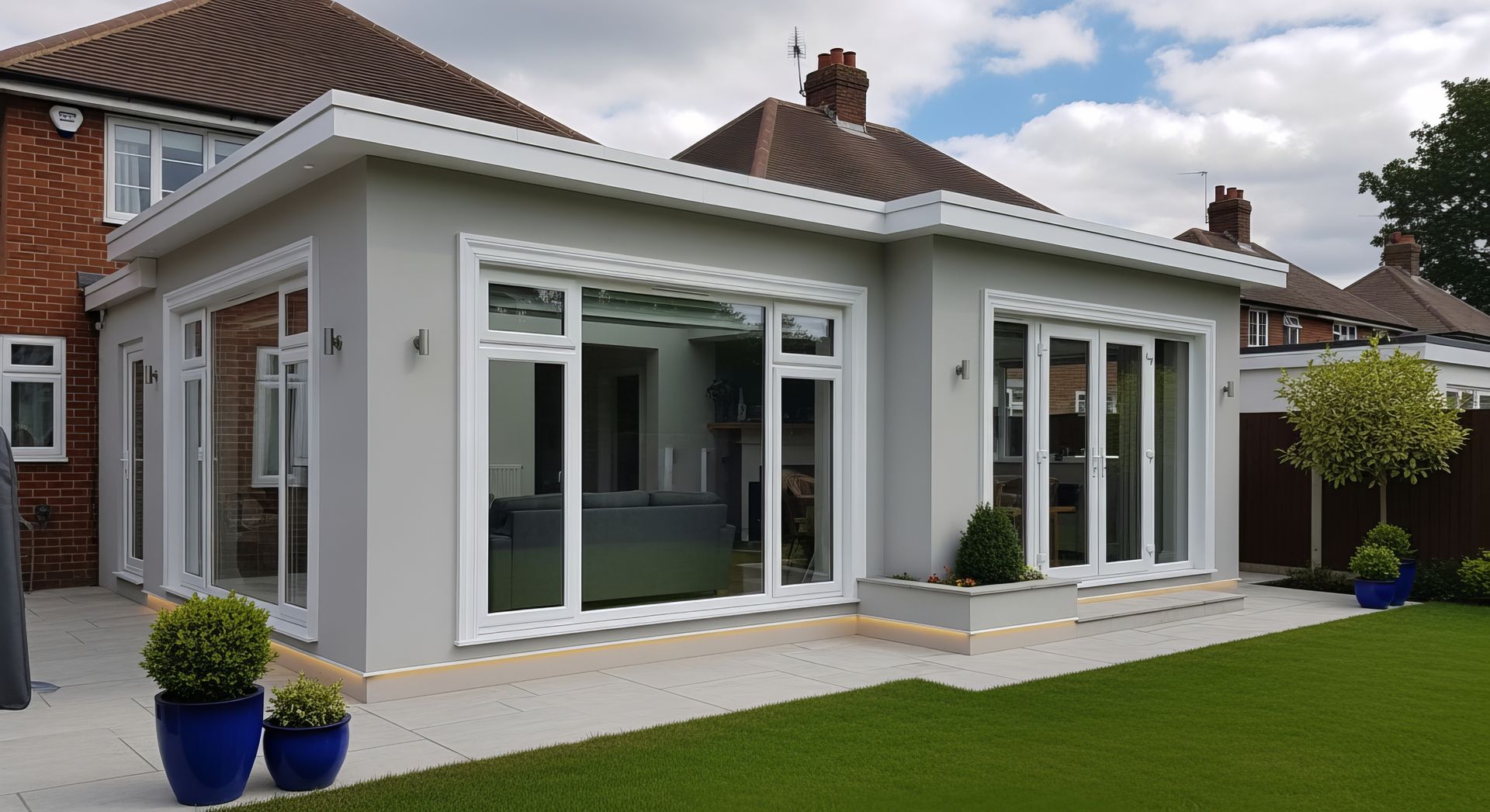 Extension moderne d'une maison blanche avec de grandes fenêtres, des portes coulissantes.