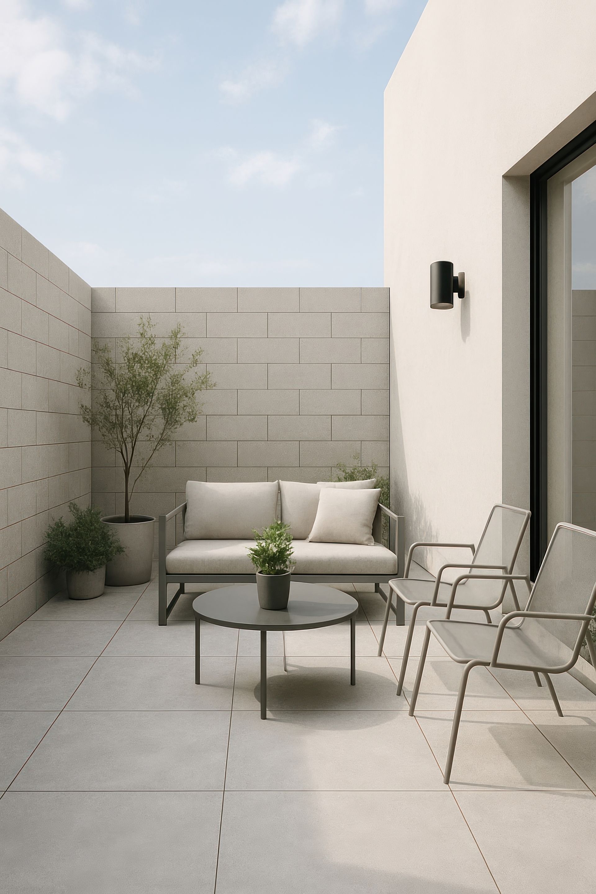 Patio minimaliste moderne avec sièges blancs, petites tables, plantes en pot et murs en pierre claire sous un ciel bleu