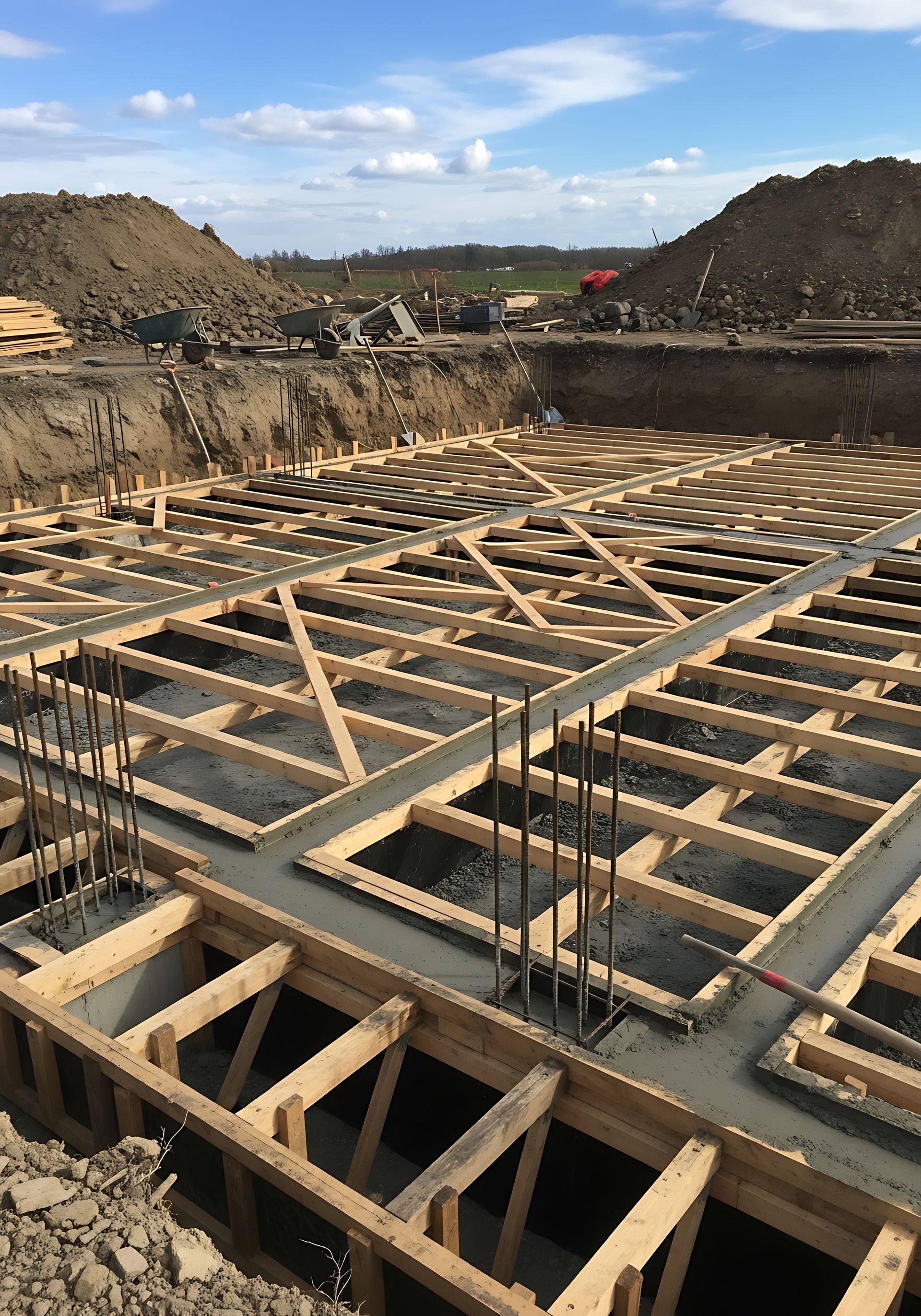 Chantier de construction avec coffrage en bois et fondations en béton dans une zone creusée sous un ciel bleu