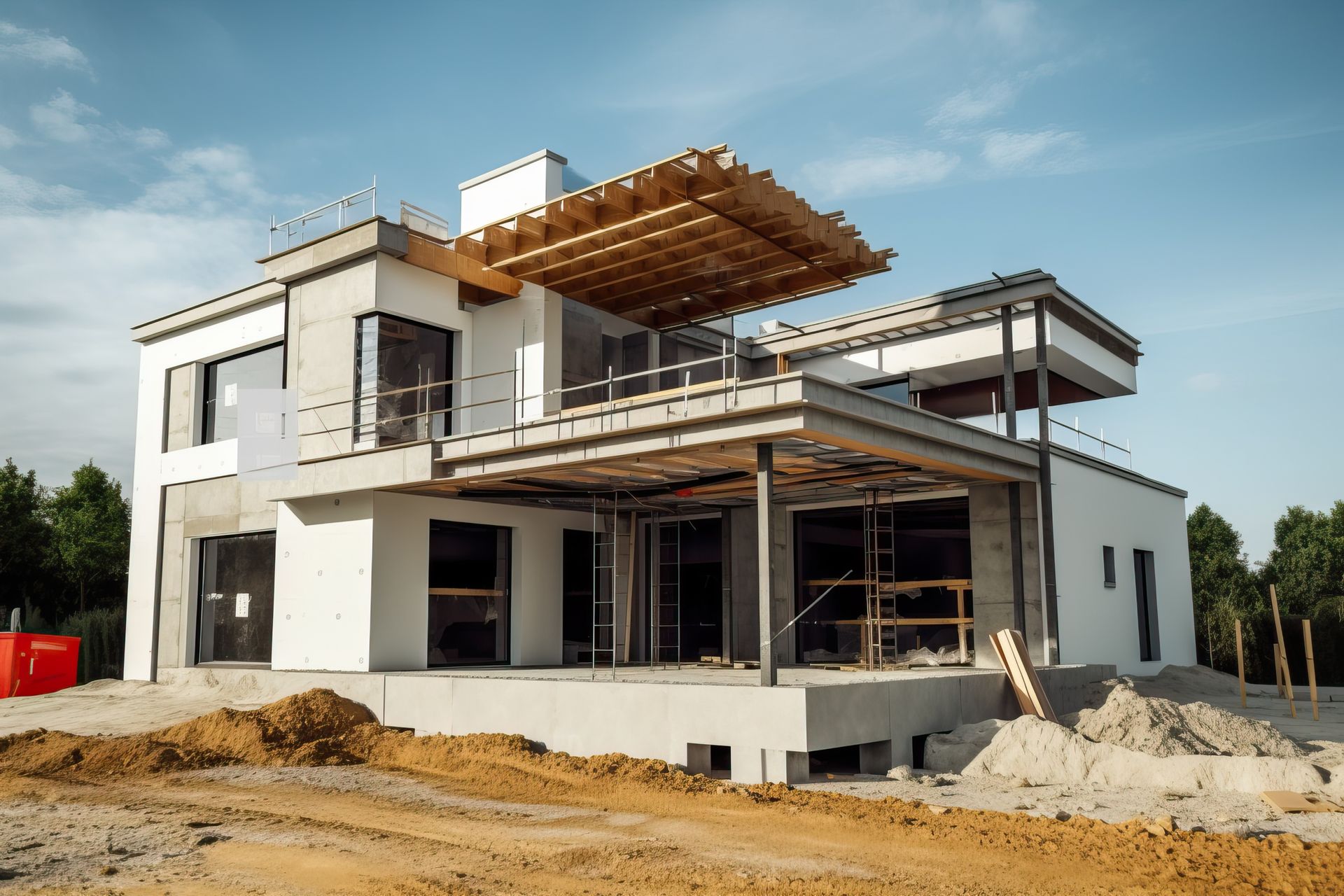 Maison blanche moderne en construction, avec échafaudages et toit inachevé, sur un terrain en terre battue.
