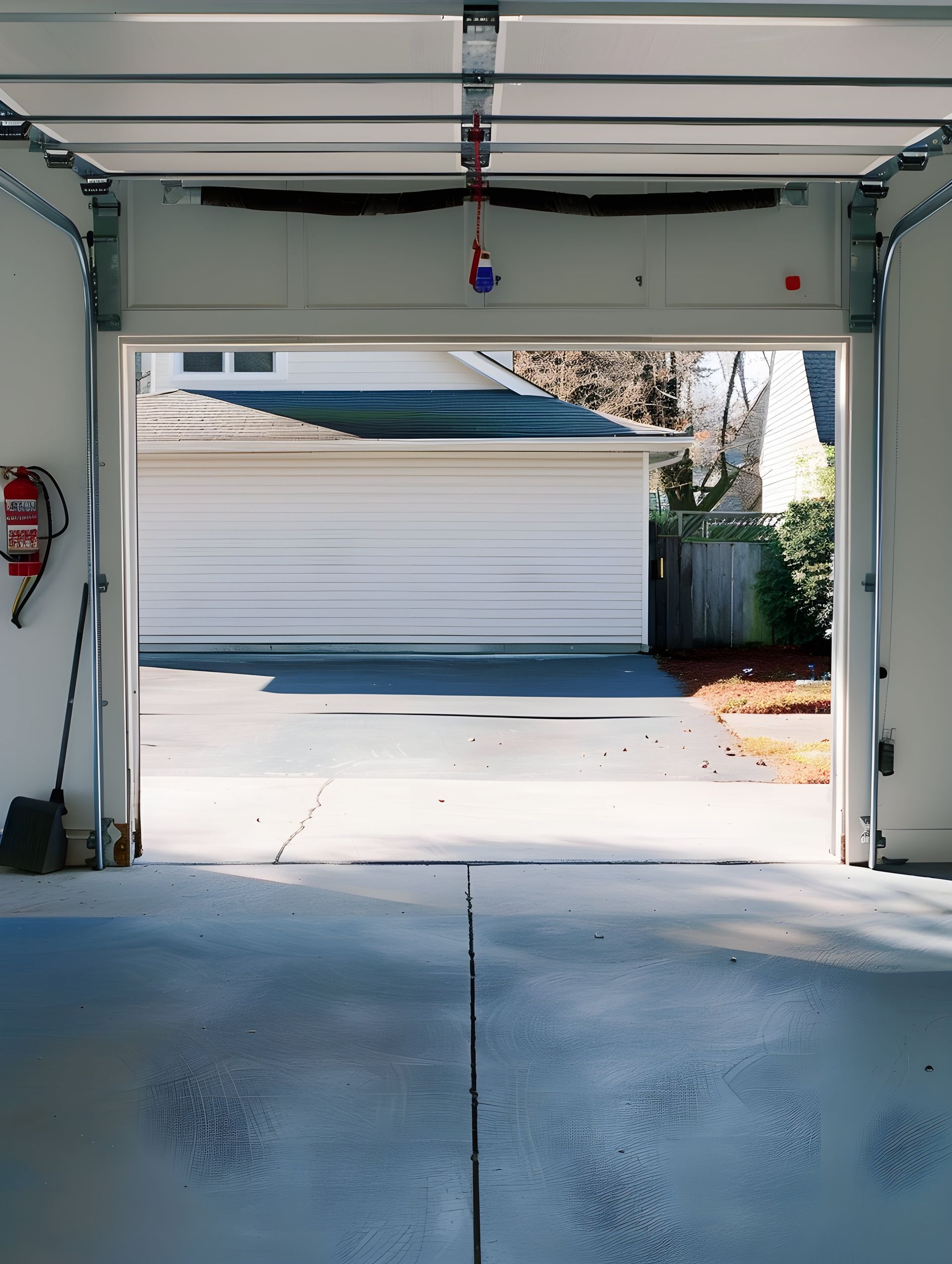 Garage ouvert avec murs intérieurs blancs, sol en béton et allée lumineuse visible de l'extérieur
