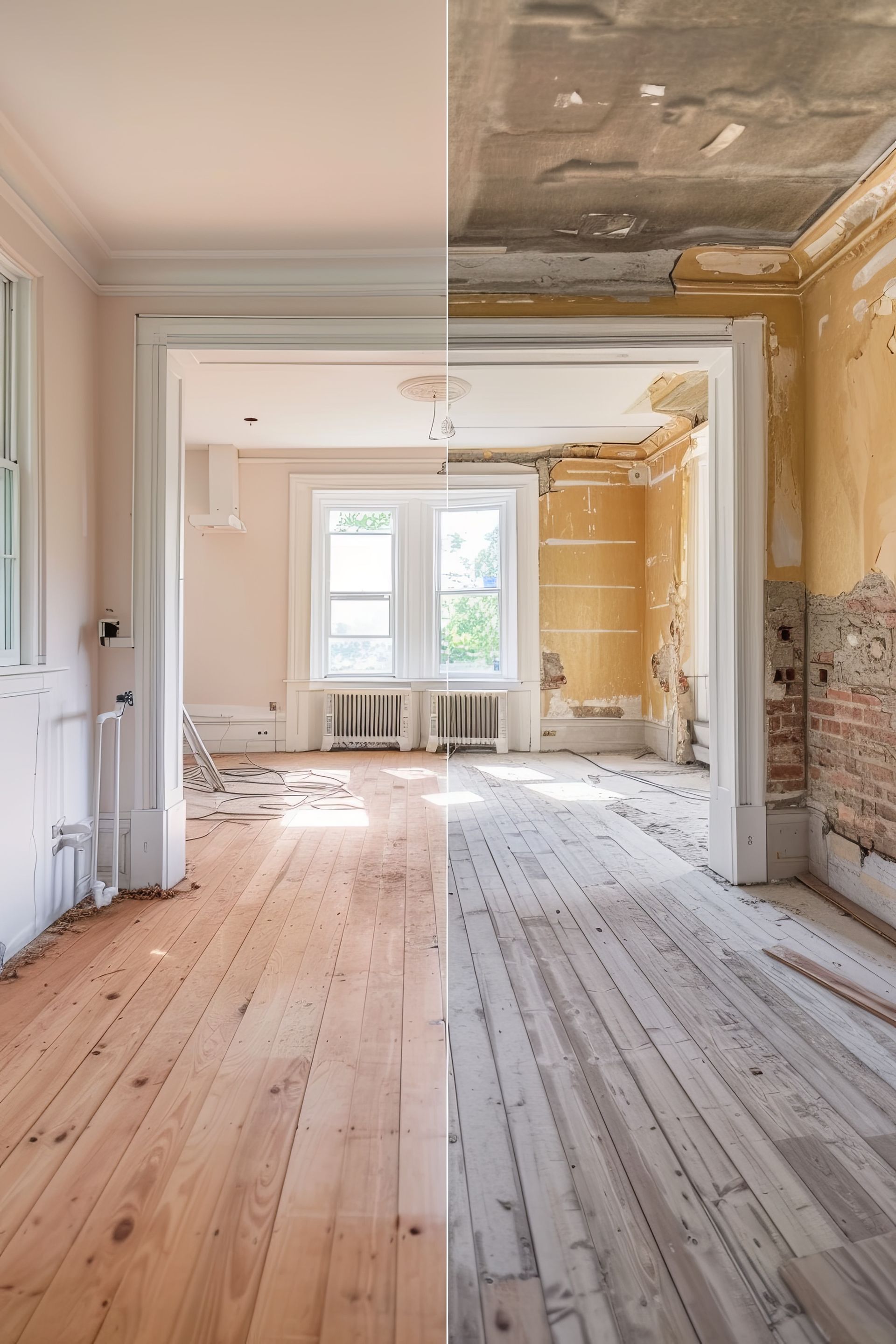 Chambre rénovée avec parquet nu, murs décrépis et une fenêtre lumineuse au fond.
