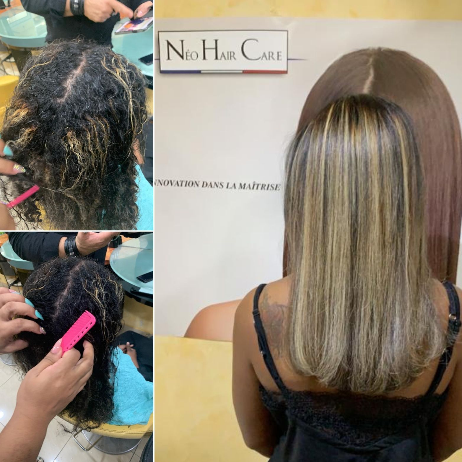 Collage avant/après d'un traitement capillaire montrant la transformation de cheveux abîmés en cheveux bruns lisses et raides.